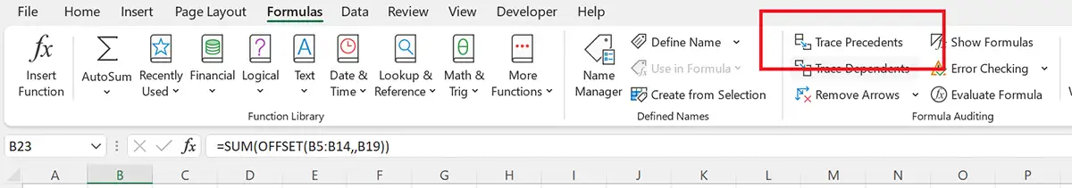 Excel 365 中的追踪引用单元格命令