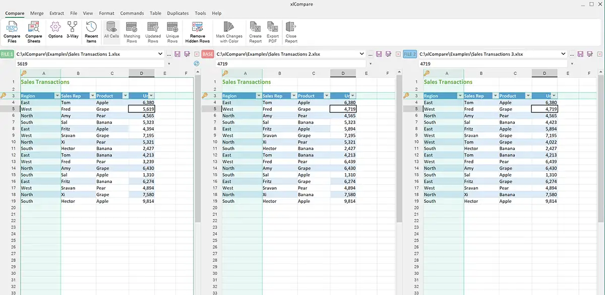 在 xlCompare 中打开的 3 个 Excel 文件