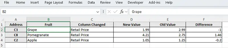 含变更清单的 XLSX 报告