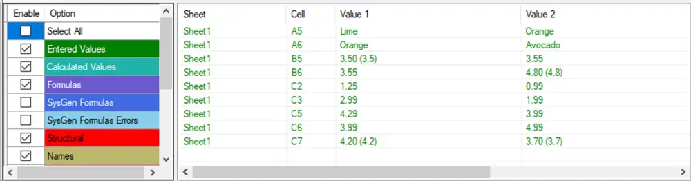 Spreadsheet Inquire 中的差异列表