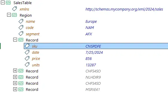 XML 文件中关键属性的示例
